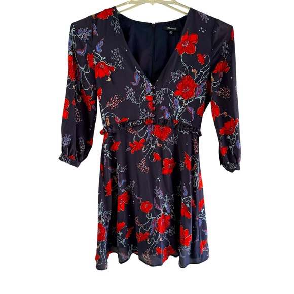 Madewell Silk Windblown Red Poppies Ruffle Waist Mini Dress Size 00 - Picture 1 of 10